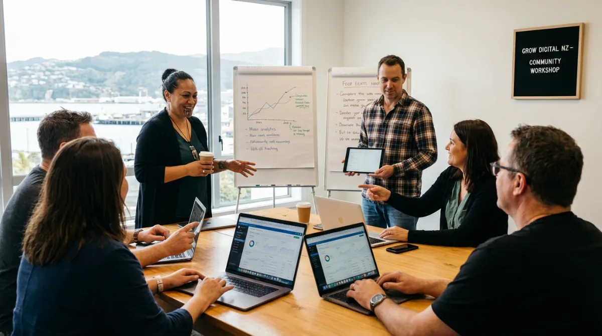 NZ small business owners collaborating on digital marketing and link building