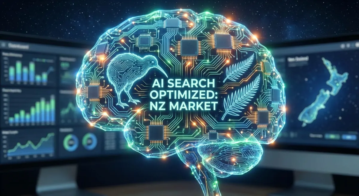 Digital brain with glowing circuits representing AI search optimization, specifically for a New Zeal