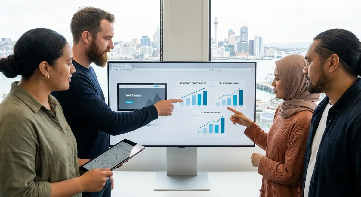 Diverse team collaborating on web design, showing charts of growth, for NZ businesses