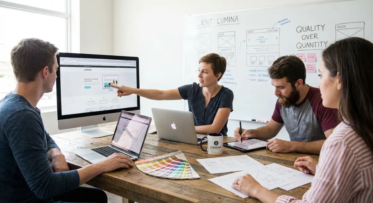 Illustrating focused collaboration and quality in a web design agency setting, featuring a small tea