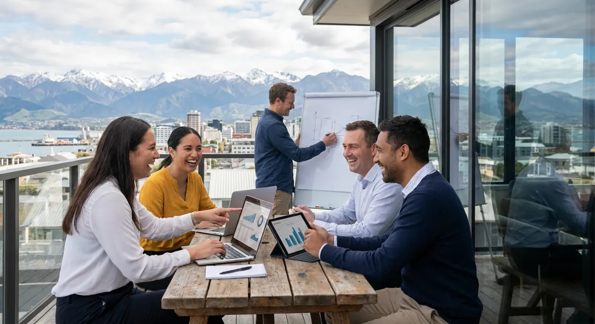 A dynamic image representing innovation and growth for NZ startups, featuring diverse entrepreneurs 