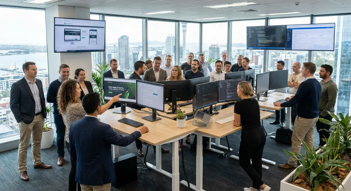 A dynamic, modern office environment in Auckland, New Zealand, featuring a diverse team of digital e