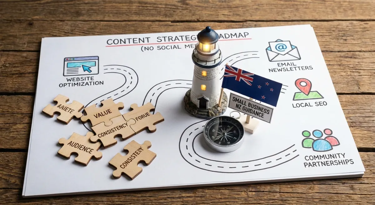Content Strategy for digital marketing for small business NZ without social media, showing a roadmap