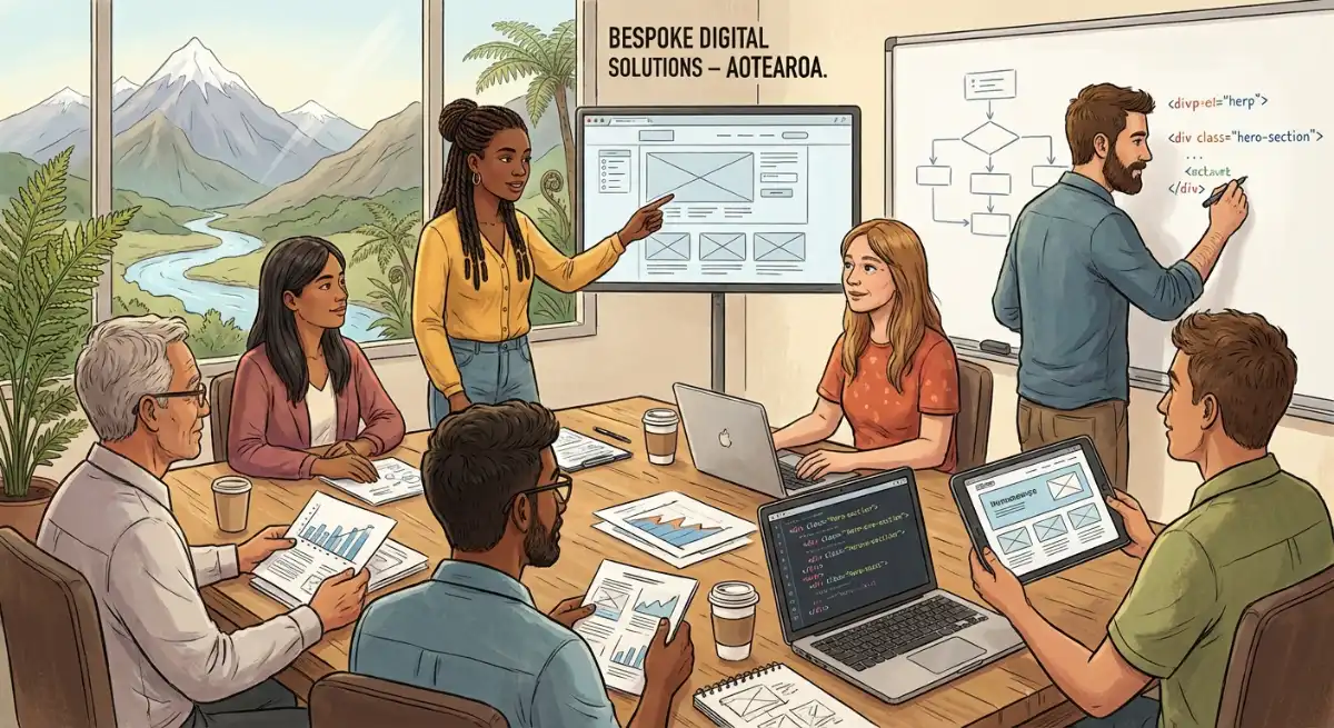 A detailed illustration of a diverse team collaborating on a complex website project, featuring grap