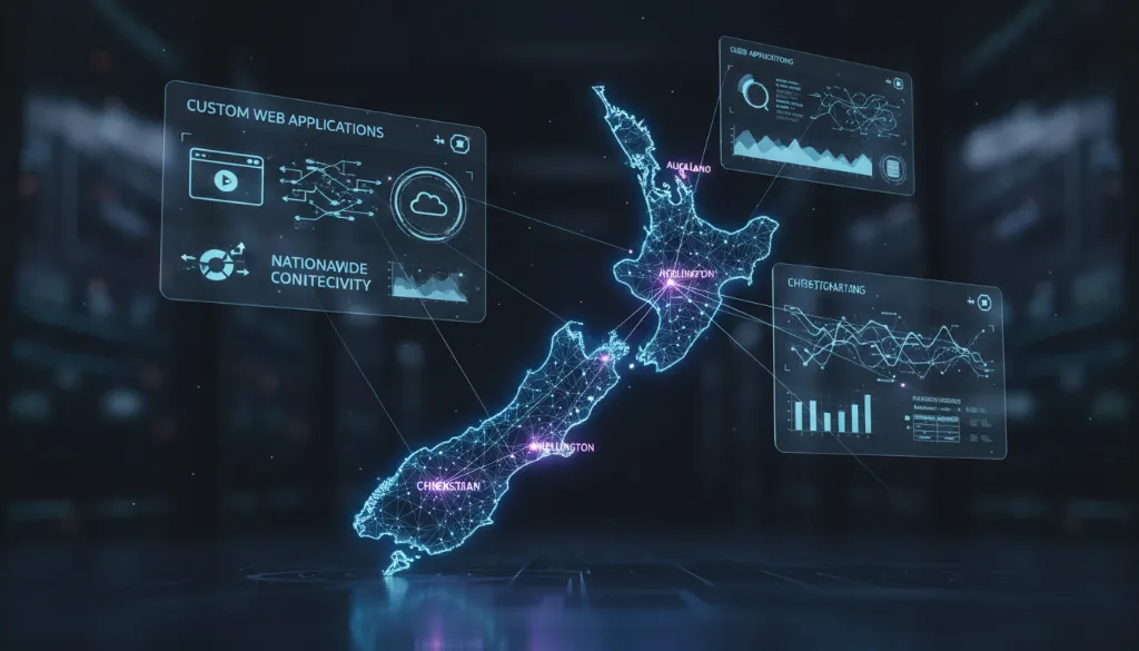 New Zealand map illustrating the nationwide reach of custom web application development NZ services