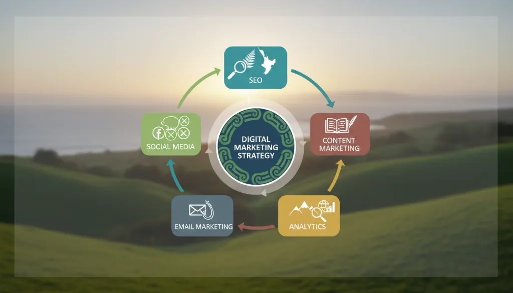 Infographic detailing various Digital Marketing Training & Consulting components for NZ businesses