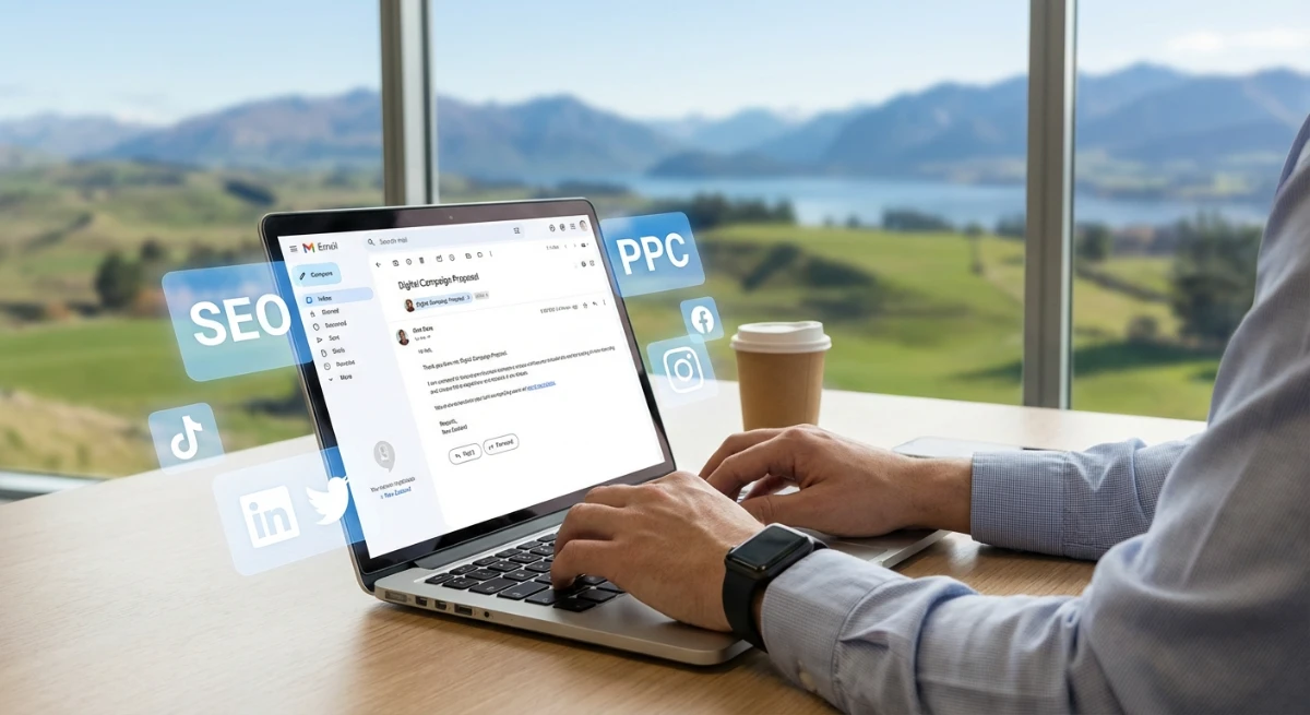 Professional hand writing an email on a laptop, surrounded by digital marketing icons (SEO, PPC, soc