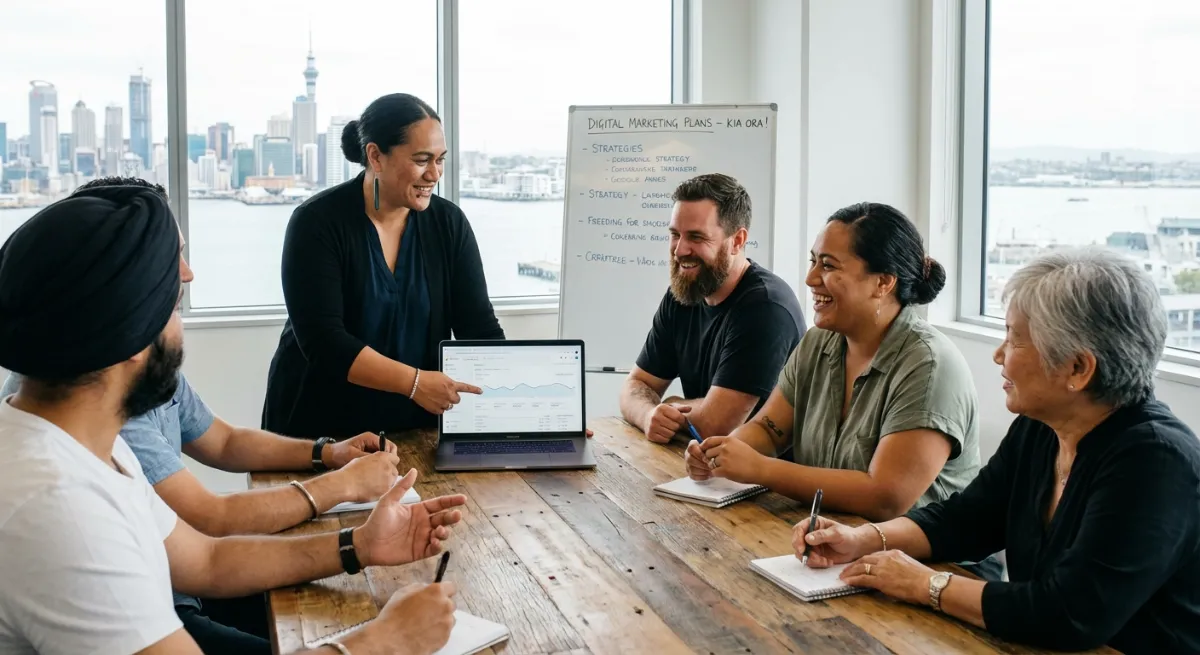 A diverse group of small business owners in New Zealand collaboratively discussing digital marketing