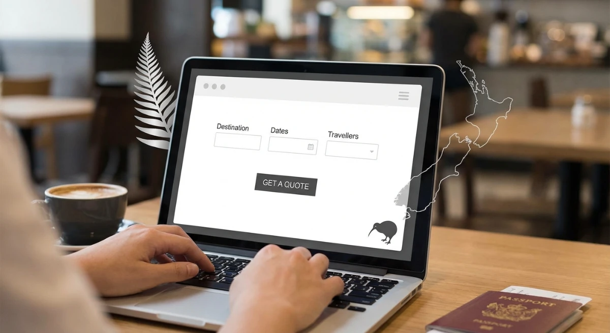 Illustrate a person filling out an online form with a modern website design on a screen, surrounded 