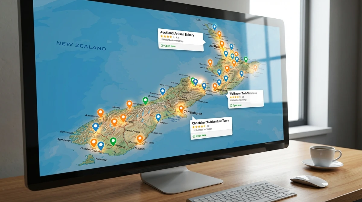 New Zealand map with local business pins