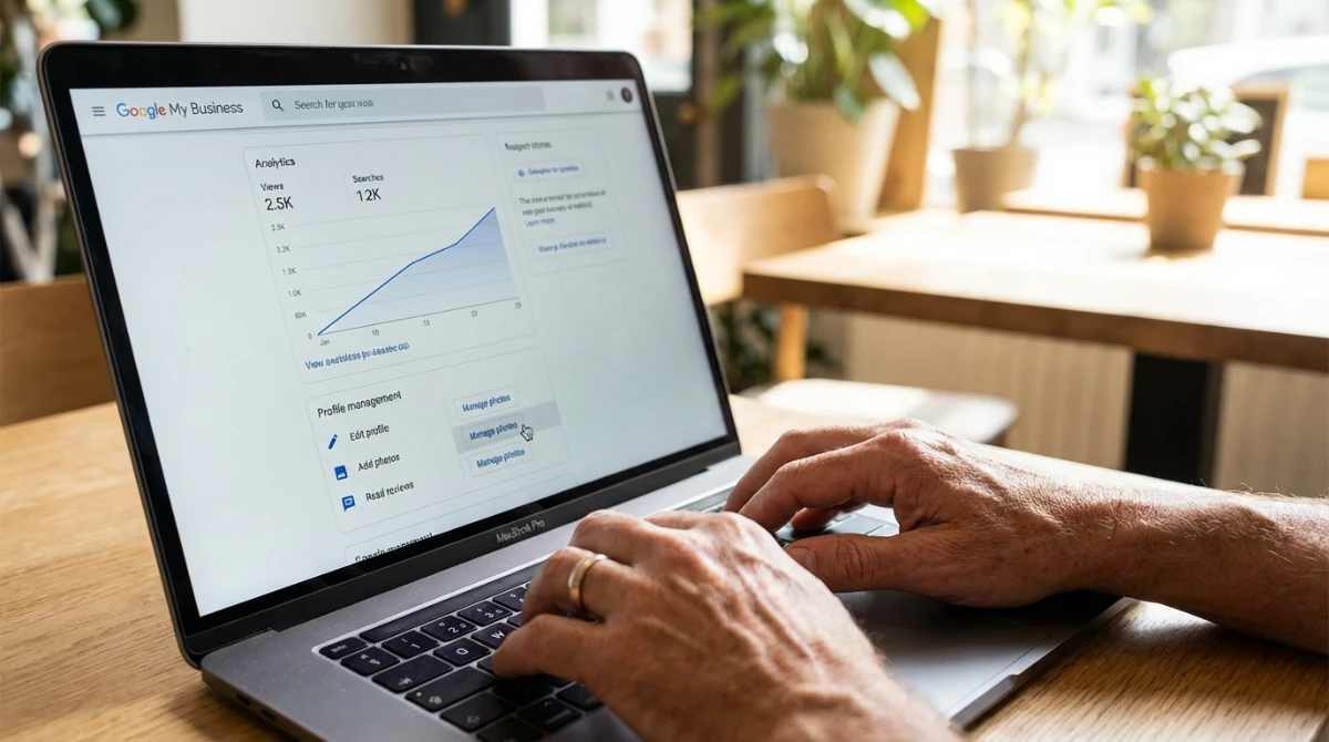 Hands managing Google My Business dashboard