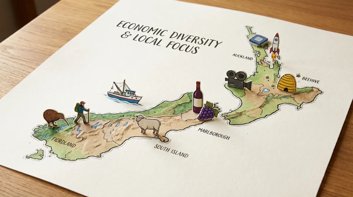 Map of New Zealand with industry icons