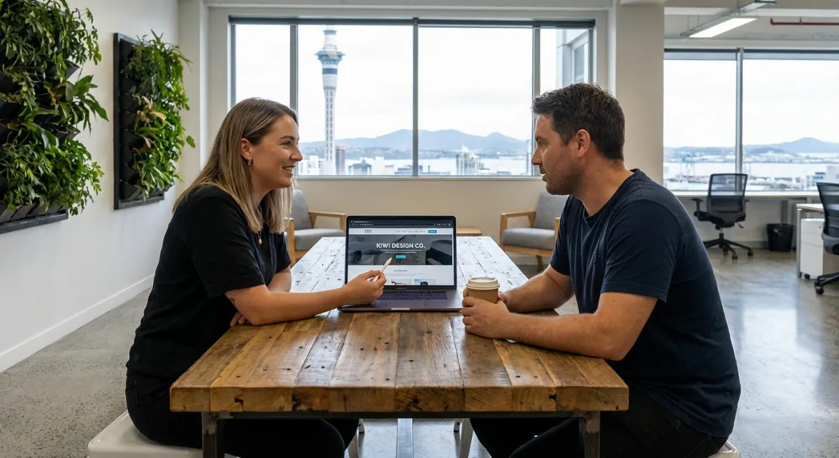A professional designer discussing web strategy with a client in a modern office, showcasing a lapto