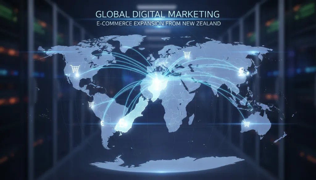 World map showing digital connections from New Zealand, representing international SEO for NZ e-commerce businesses