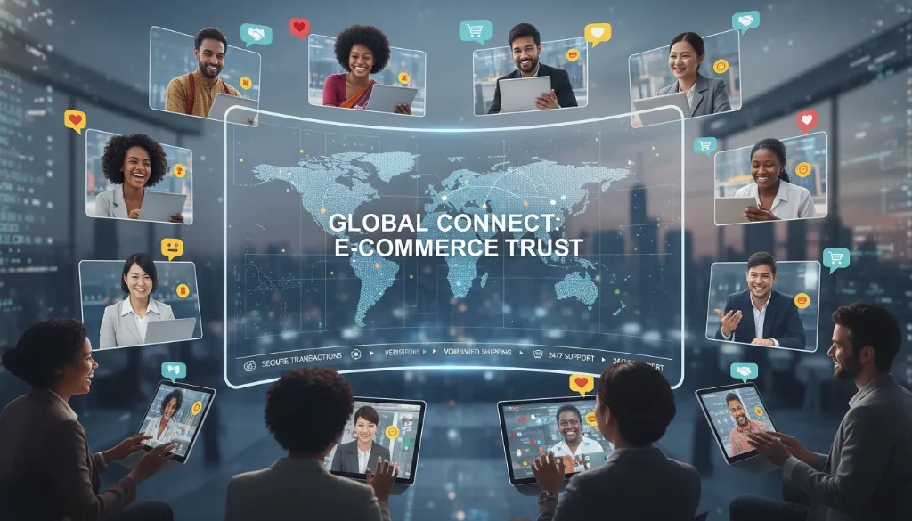 Diverse global customers engaging with an e-commerce brand, building international trust