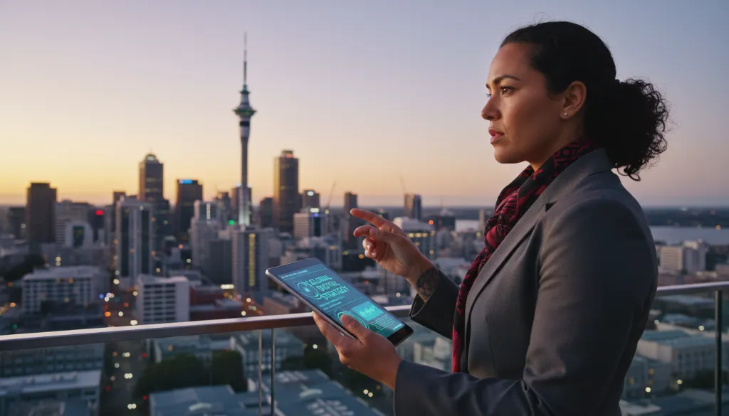 New Zealand business person overlooking Auckland, strategising International & Geo-Specific Digital Marketing