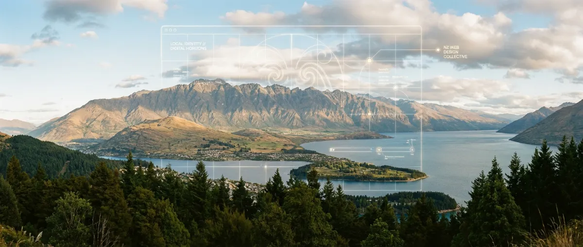 A vibrant, panoramic shot of the New Zealand landscape (mountains, coastline, or lush forests) with 