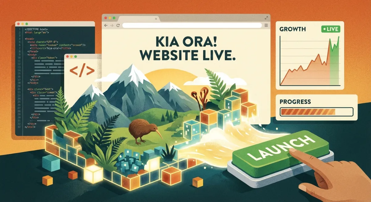 Illustrative image of a website going live, featuring New Zealand landscape or iconography subtly, w