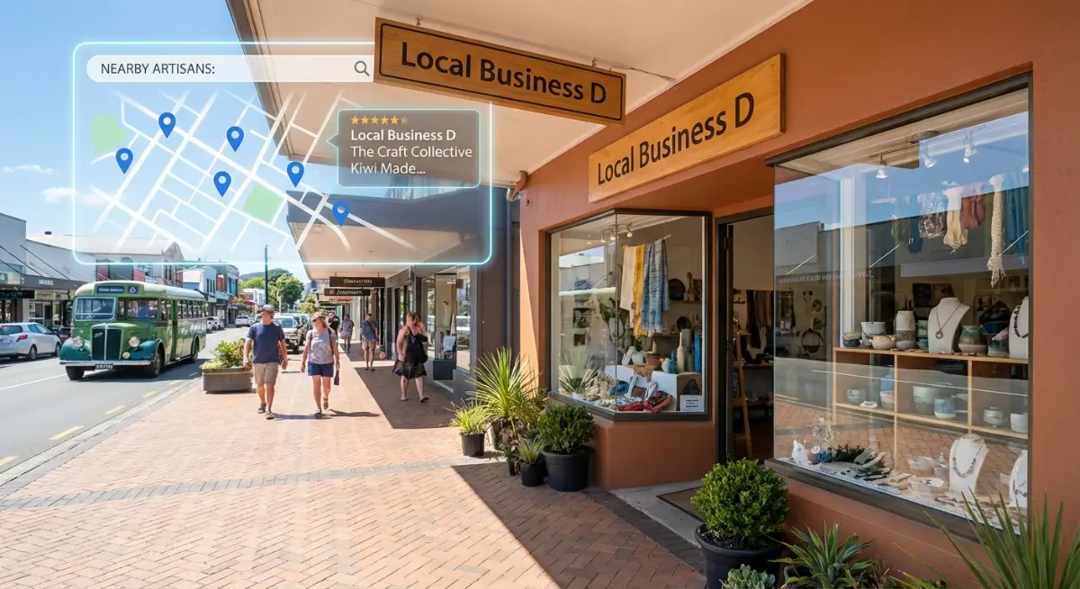 Vibrant, inviting storefront of 'Local Business D', a unique artisan shop in a bustling New Zealand 