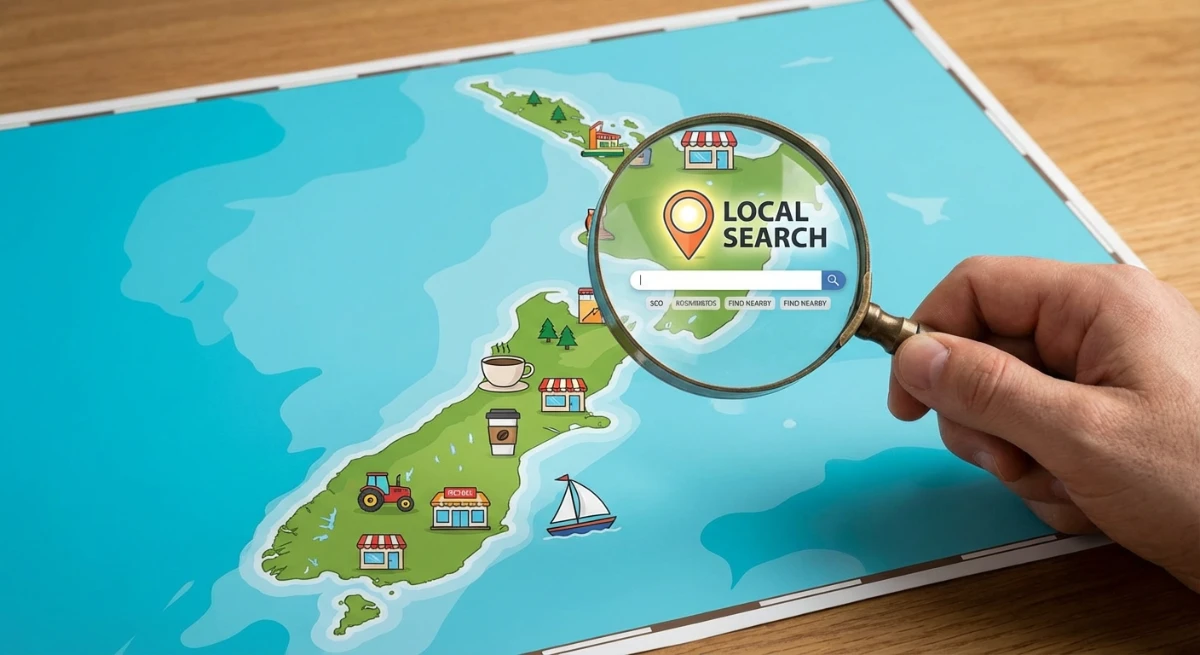 New Zealand map with local business icons and a magnifying glass for search optimization