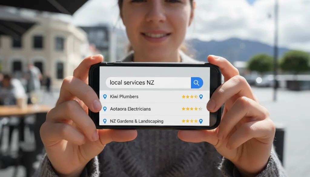 Mobile phone displaying local search results in New Zealand