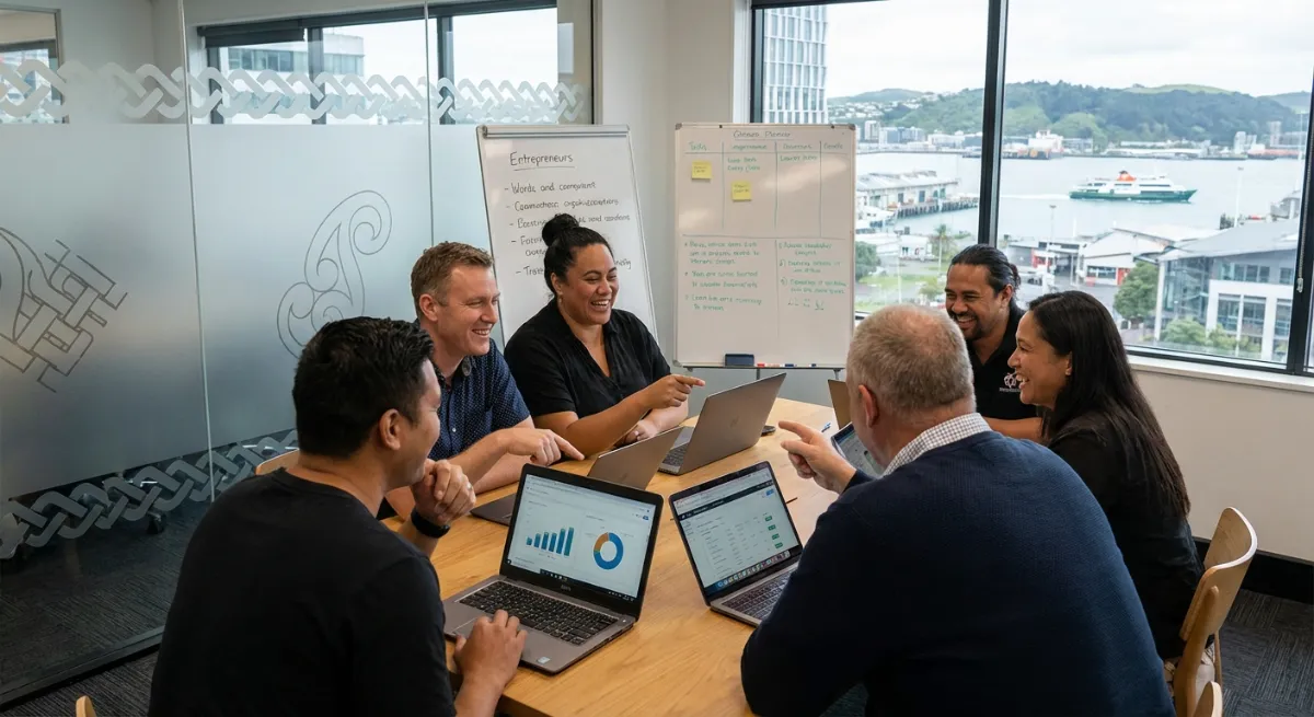 A diverse team of entrepreneurs brainstorming and collaborating on digital strategies, laptops open,