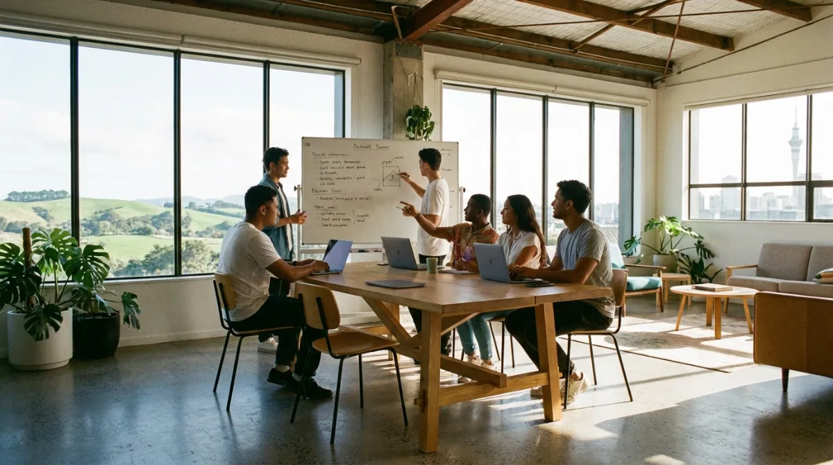 NZ startup team collaborating on branding and marketing strategy