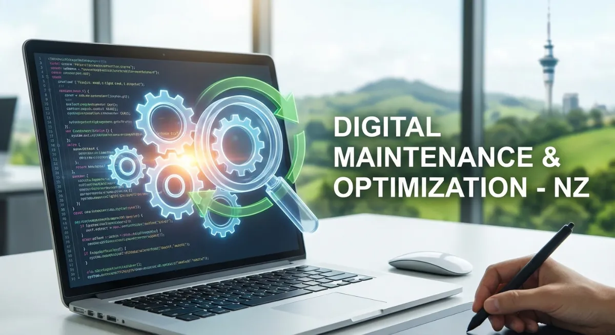 Digital gears turning, a shield for security, a magnifying glass for SEO, and a hand offering support, representing comprehensive ongoing website maintenance.