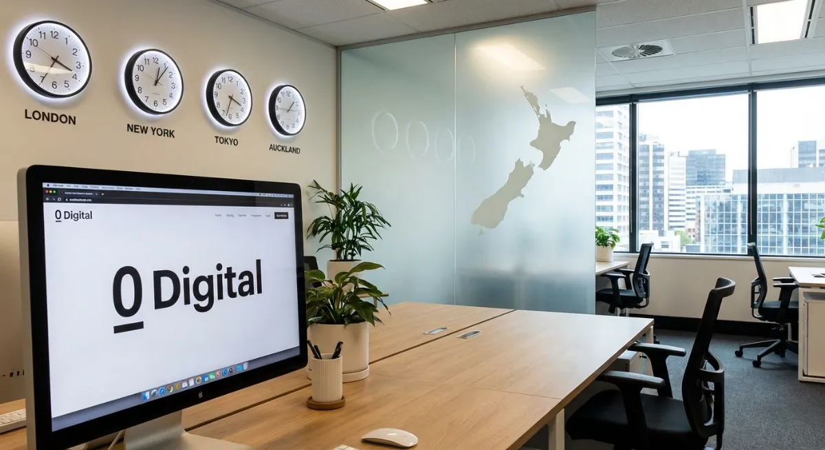 Modern office setting with clocks showing different international time zones, a computer screen disp