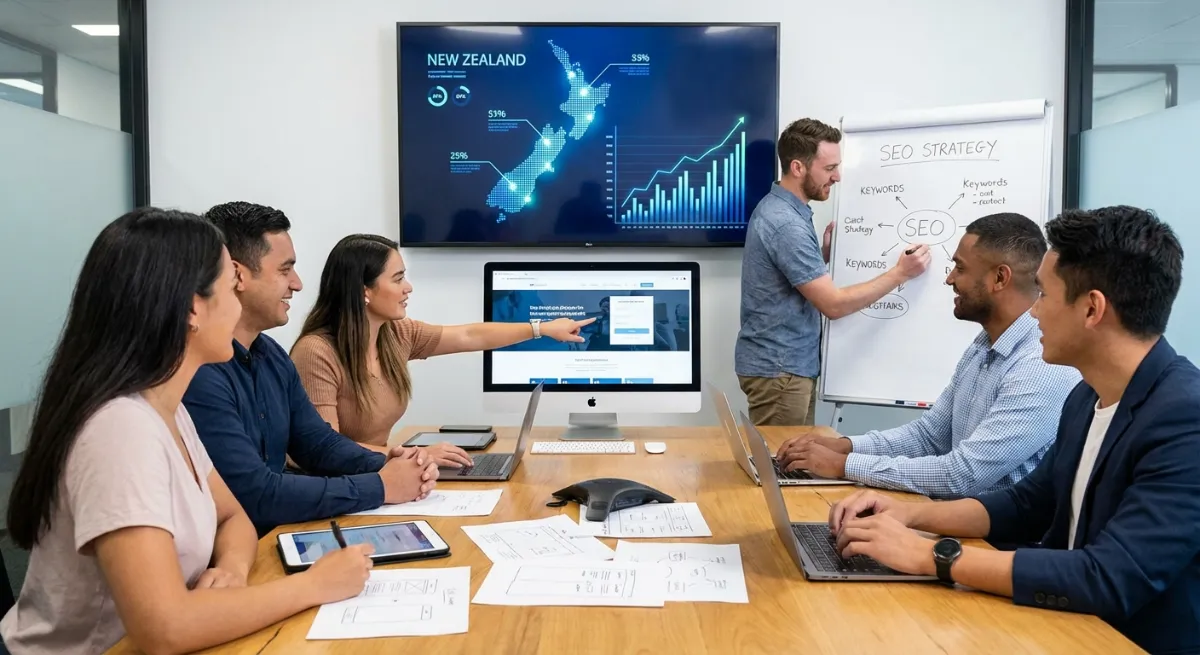 Vibrant image showing a diverse team collaborating on web design and SEO, with digital charts and ma