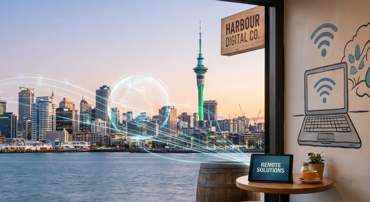 A scenic view of Auckland city with its iconic Sky Tower, subtly incorporating digital elements and 