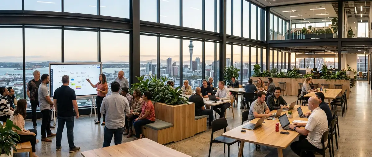 A panoramic shot showing a modern office space with a diverse team collaborating, with the Auckland 