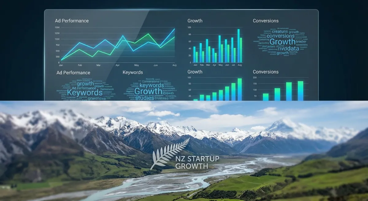 A dynamic image depicting a digital marketing dashboard with charts and graphs, showcasing keywords 