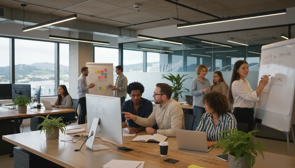 New Zealand startup team collaborating on marketing strategy