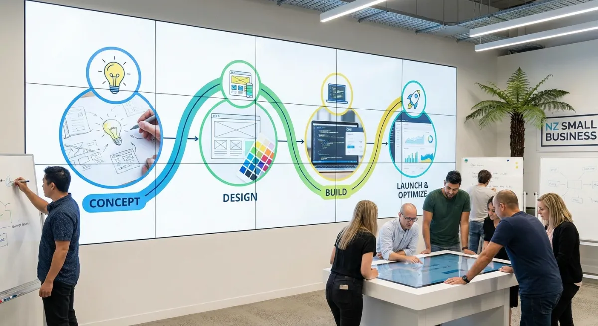 A dynamic and engaging visual representing the journey of building a website, from initial concept t