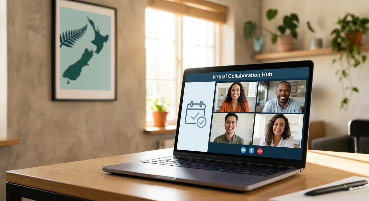 A professional, welcoming image showing a virtual meeting on a laptop screen, with a calendar icon, 