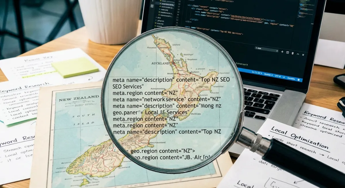 A dynamic image showing a website's code and a magnifying glass over a map of New Zealand, symbolizi