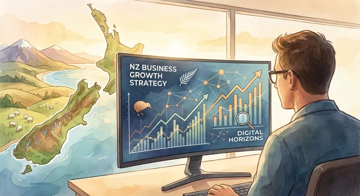 Illustrative image of a person analyzing data charts on a computer with New Zealand landscape subtly