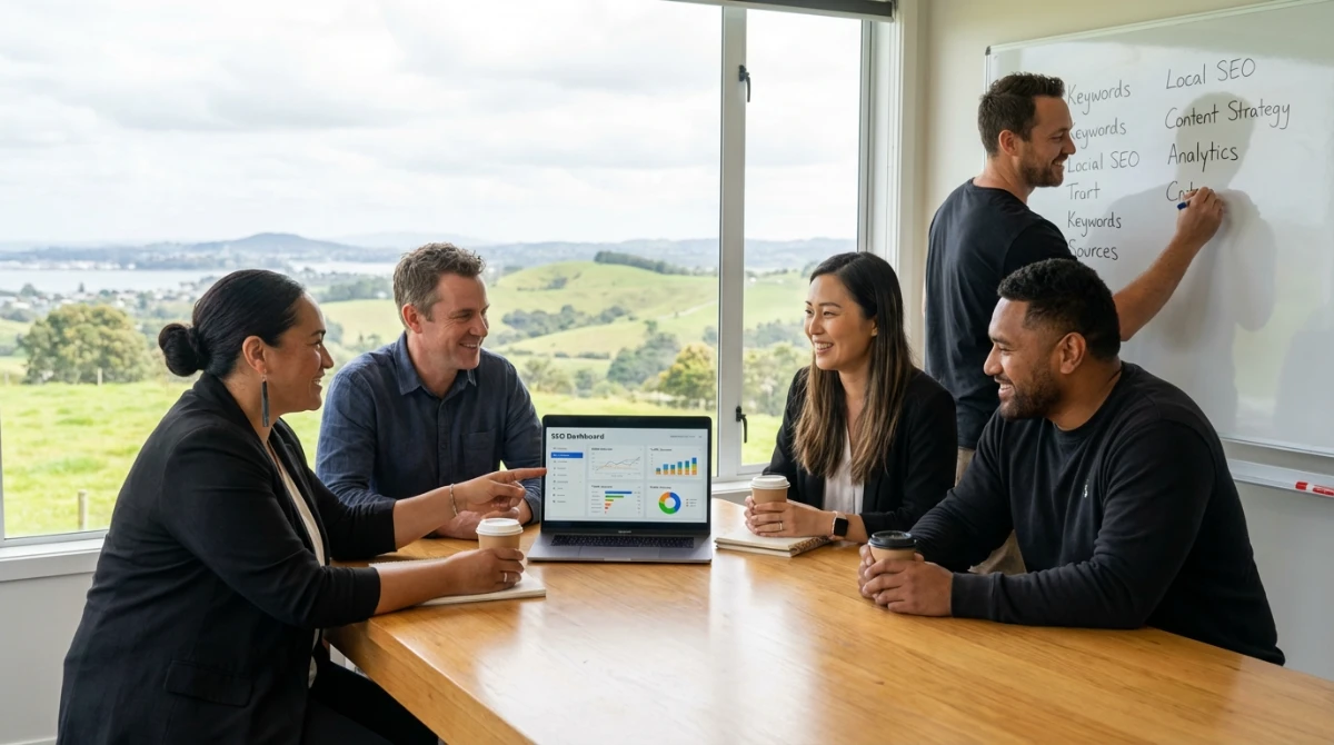 Small business owners in New Zealand learning SEO tips for NZ small businesses 2024