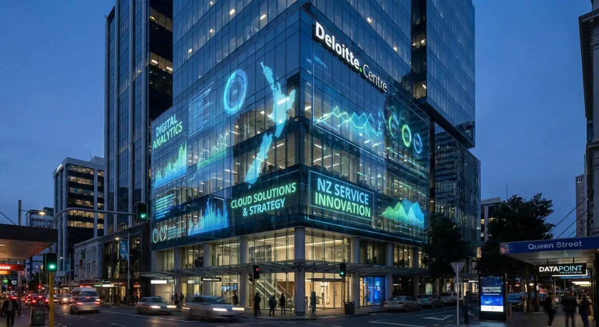 Modern office building in Auckland with digital analytics overlay, representing a service business i