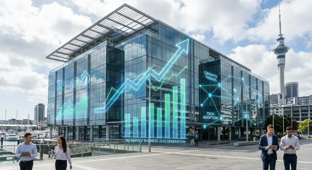 A modern, clean office building in Auckland, New Zealand, with digital marketing charts overlaid, sy