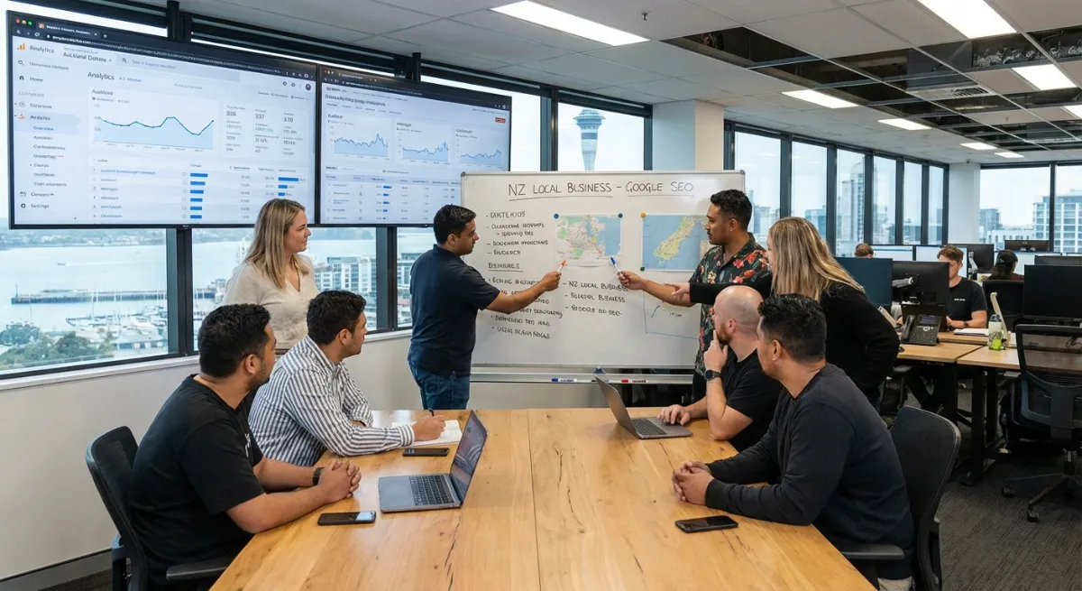 Digital marketing agency team collaborating on a Google SEO strategy for a local New Zealand busines