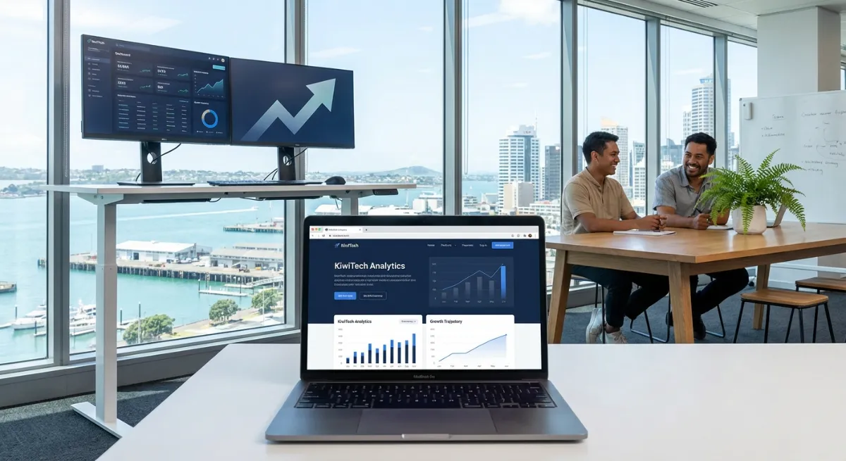Professional image showcasing a modern, sleek startup website with analytics dashboards in the backg