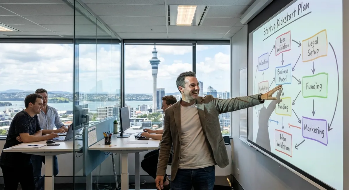 An entrepreneur enthusiastically pointing to a detailed 'Startup Kickstart Plan' flowchart on a larg