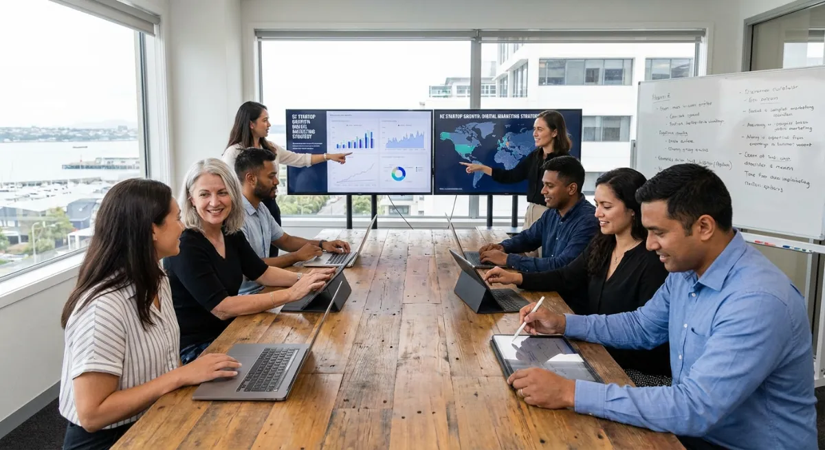 A diverse group of entrepreneurs and strategists collaborating around a table, analyzing charts and 