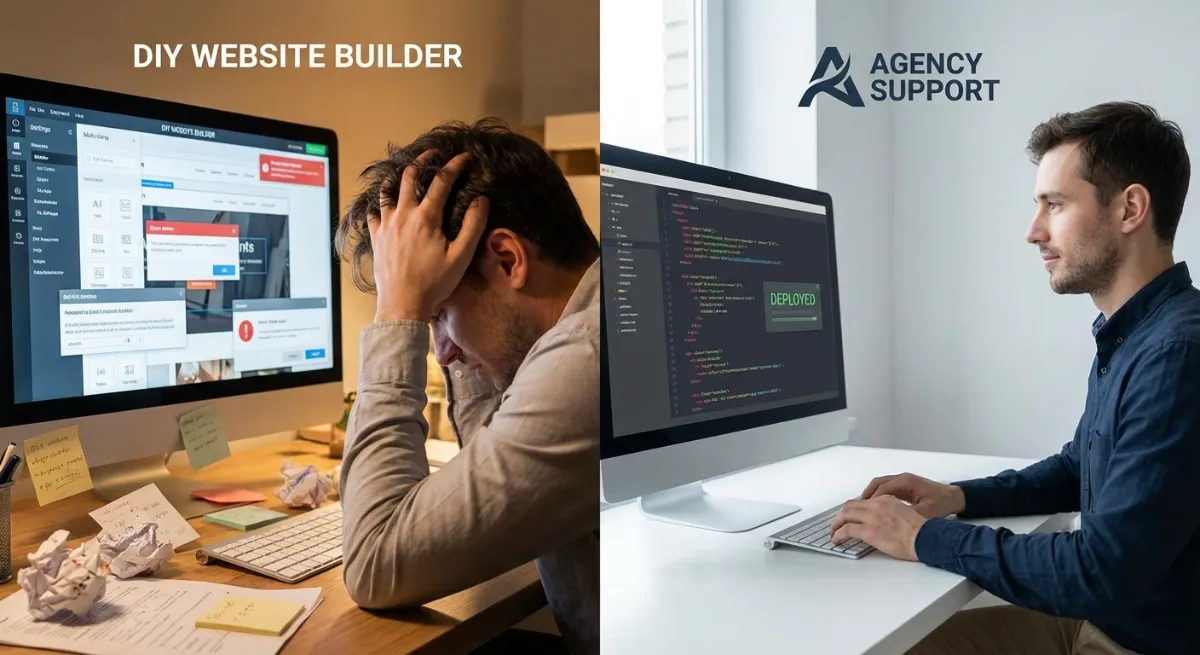 A split image showing on one side a person struggling with a complex website builder interface and o