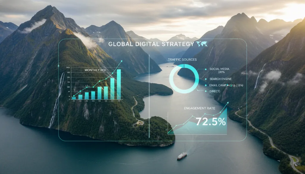 Scenic New Zealand landscape with digital analytics illustrating tourism marketing & SEO for NZ operators