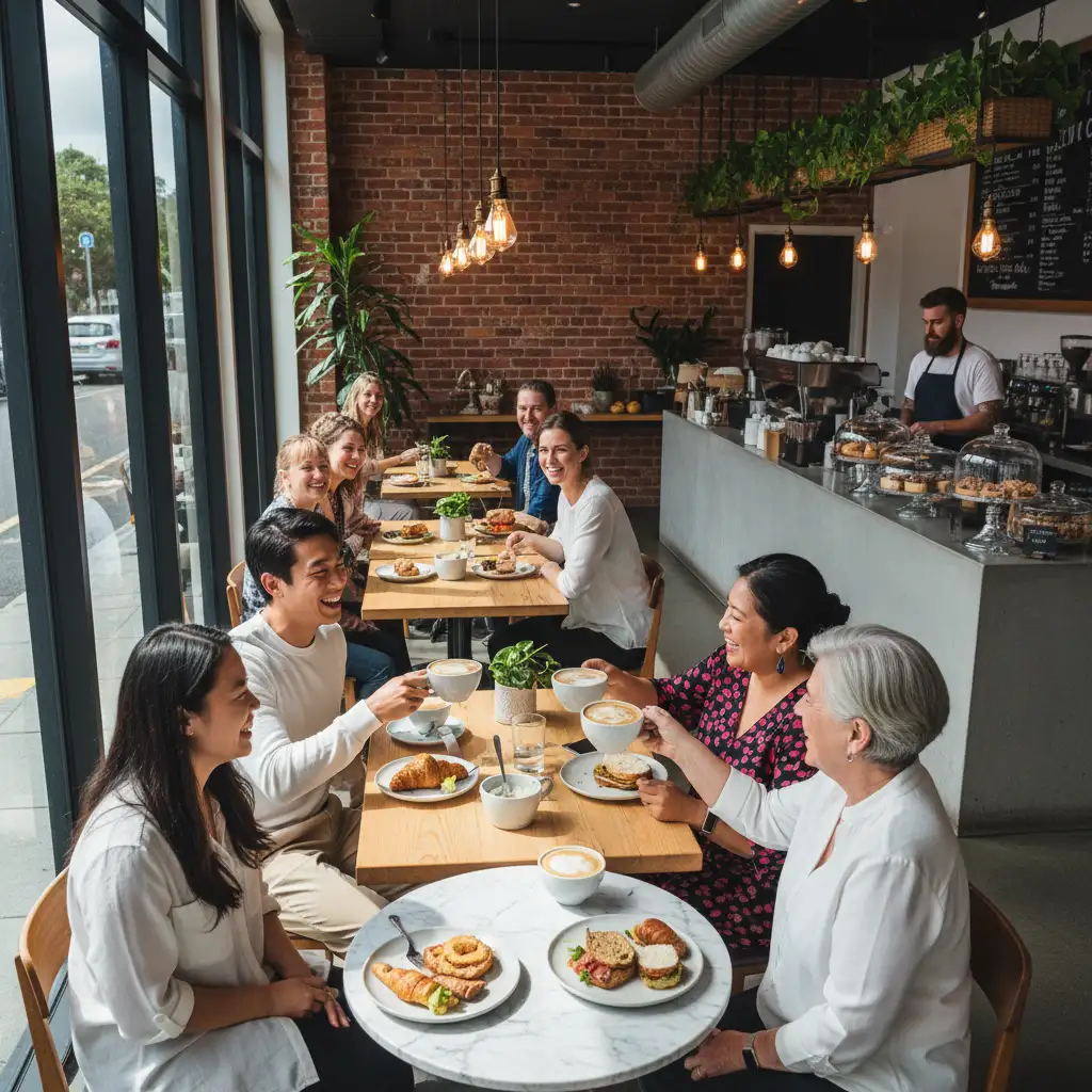 Diverse customers enjoying a Wellington cafe, part of a successful video marketing strategy