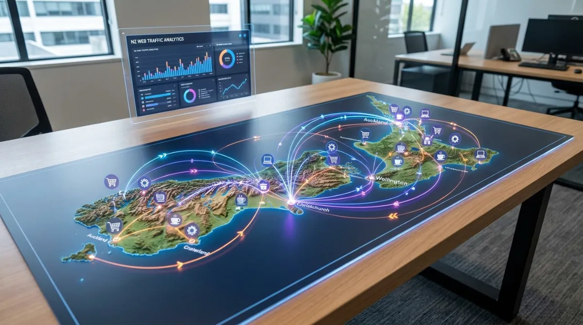Website analytics data flow over a map of New Zealand for small businesses
