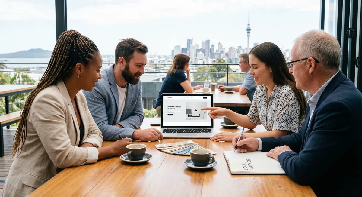 A diverse group of small business owners and a web designer collaborating on a laptop, with Auckland